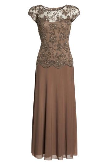 Petite Women's Pisarro Nights Beaded Mesh Gown P - Brown