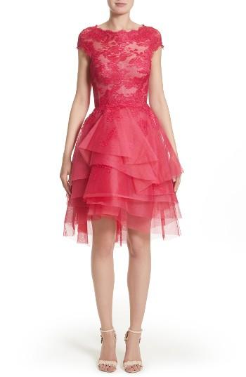 Women's Monique Lhuillier Tiered Chantilly Lace Dress - Red