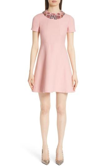 Women's Valentino Embellished Collar A-line Dress - Pink