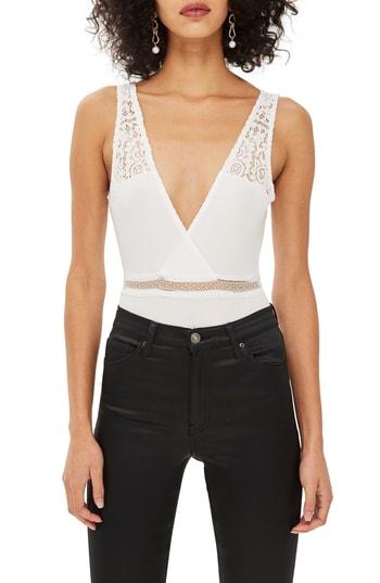 Women's Topshop Lace Plunge Bodysuit Us (fits Like 0) - Ivory