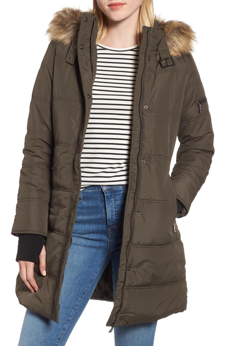 Women's Maralyn & Me Water-resistant Hooded Coat With Faux Fur Trim - Green