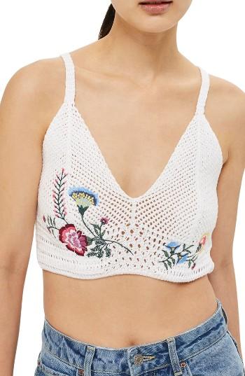 Petite Women's Topshop Embroidered Knit Crop Top P Us (fits Like 2-4p) - Ivory