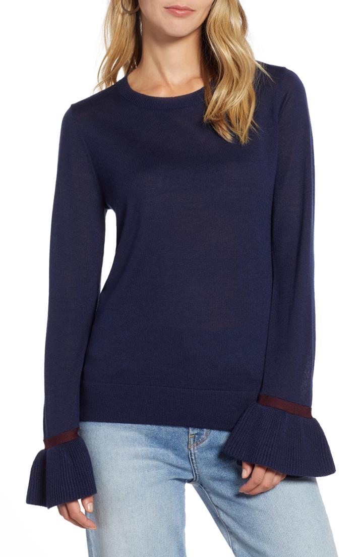 Women's Halogen Ruffle Cuff Sweater, Size - Blue