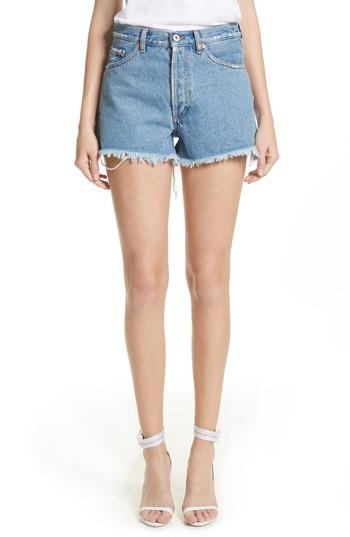 Women's Off-white Diagonal Flower Shop Cutoff Denim Shorts - Blue