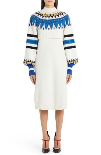 Women's Msgm Fair Isle Wool Blend Layered Sweater Dress - White