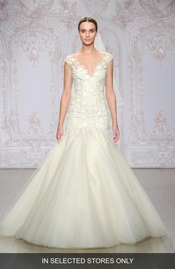 Women's Monique Lhuillier Roslyn Embroidered Illusion Tulle Trumpet Gown, Size - White