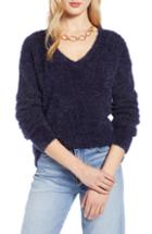 Petite Women's Halogen Fuzzy V-neck Sweater P - Blue