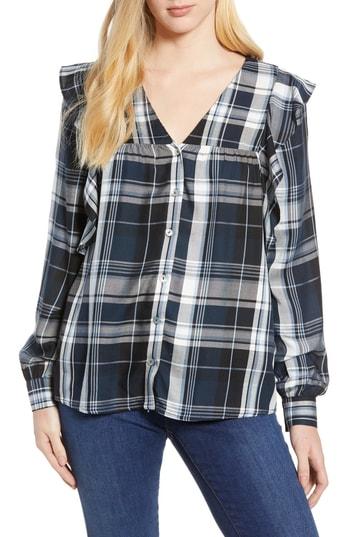 Women's Bobeau Ruffled Plaid Shirt, Size - Black