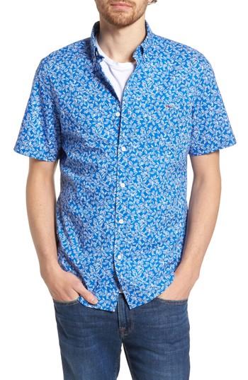 Men's Vineyard Vines Linear Floral Slim Fit Print Short Sleeve Sport Shirt - Blue