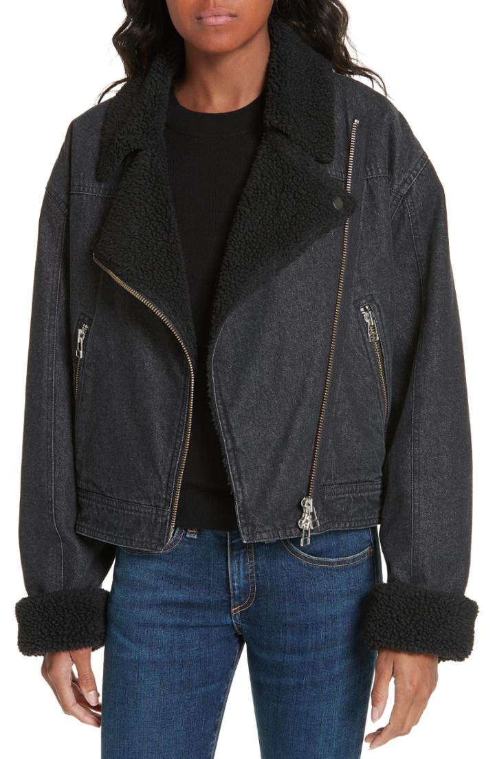 Women's Veronica Beard Rosina Faux Shearling Lined Denim Biker Jacket
