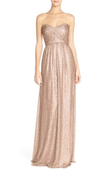 Women's Amsale 'london' Sequin Tulle Strapless Column Gown - Beige