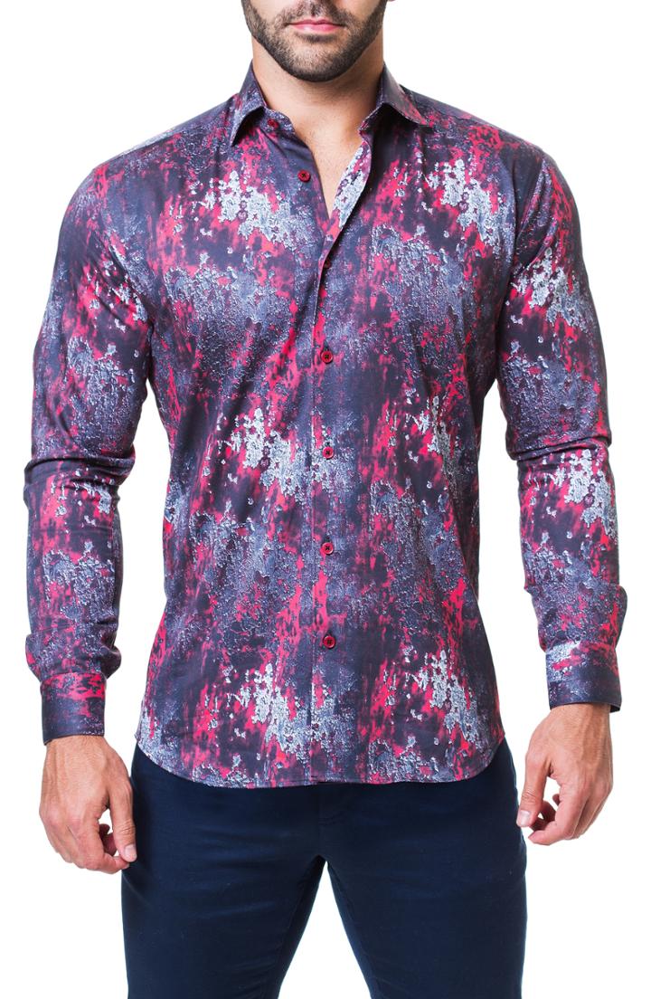 Men's Maceoo Fibonacci Crackle Trim Fit Print Sport Shirt (m) - Red
