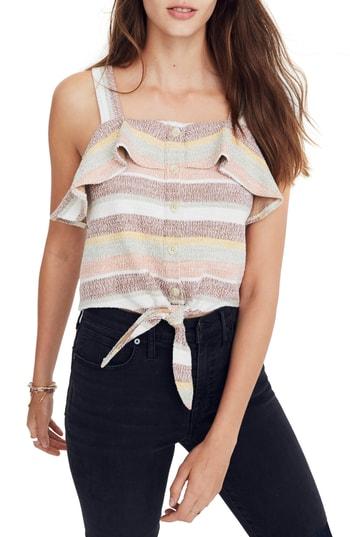 Women's Madewell Texture & Thread Ruffle Tie Front Tank, Size - Brown