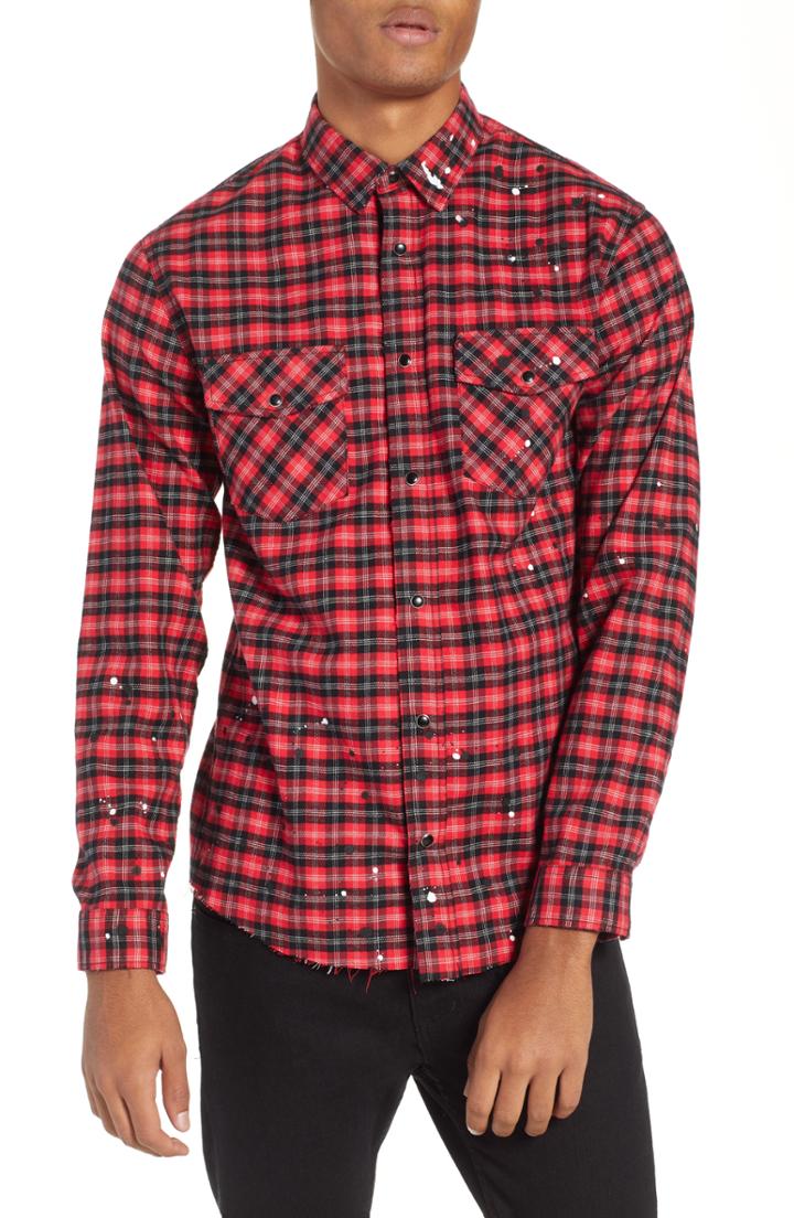 Men's The Kooples Slim Fit Paint Spatter Flannel Shirt - Red