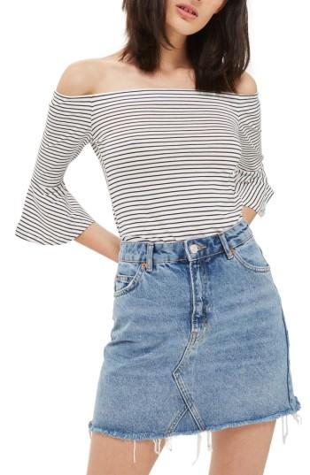 Petite Women's Topshop Stripe Off The Shoulder Bell Sleeve Top