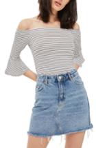 Petite Women's Topshop Stripe Off The Shoulder Bell Sleeve Top