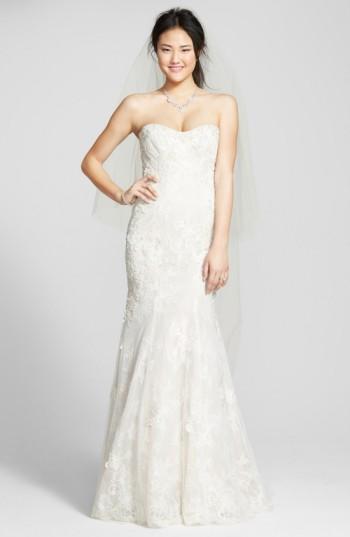 Women's Bliss Monique Lhuillier Strapless Beaded Lace Trumpet Gown, Size In Store Only - White