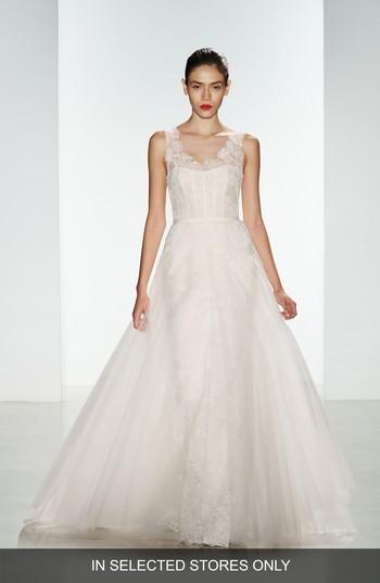 Women's Amsale Rae Corded Lace Gown With Tulle Overskirt, Size - Ivory