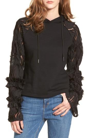 Women's Lost Ink Ruffle Chiffon Hoodie, Size - Black