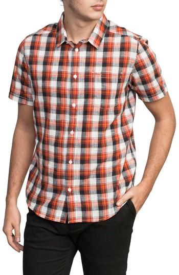 Men's Rvca Deep Plaid Woven Shirt - Coral