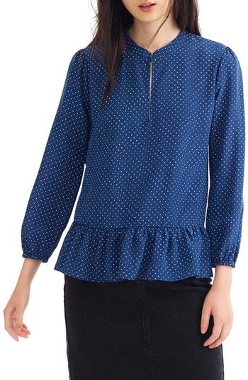 Women's J.crew Polka Dot Silk Peplum Top - Blue