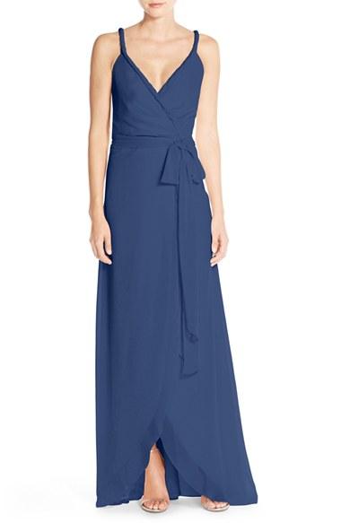 Women's Ceremony By Joanna August 'parker' Twist Strap Chiffon Wrap Gown, Size - Blue