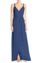 Women's Ceremony By Joanna August 'parker' Twist Strap Chiffon Wrap Gown, Size - Blue