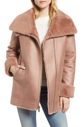 Women's Bcbgeneration Asymmetrical Zip Faux Shearling Coat - Pink