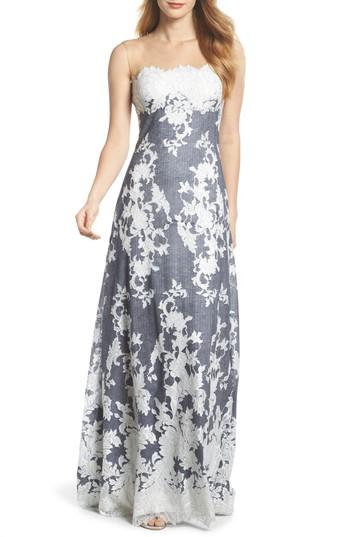 Women's Tadashi Shoji Illusion Neck Embroidered Gown - Blue