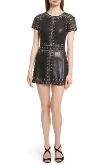 Women's Alice + Olivia Tahlia Embellished Leather Panel A-line Dress - Black