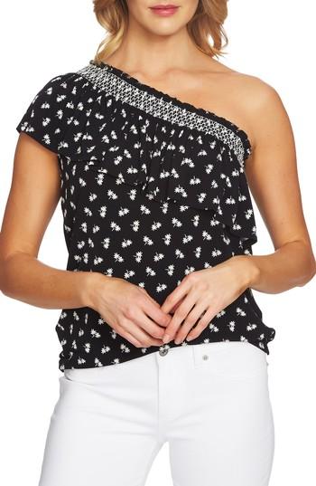 Women's Cece One-shoulder Ruffle Print Top - Black