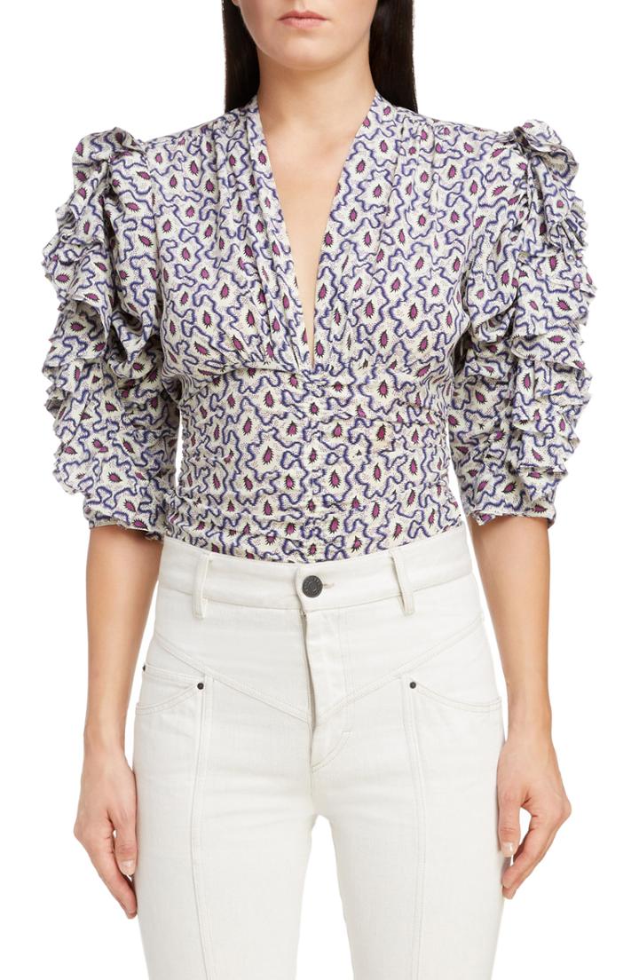 Women's Isabel Marant Print Ruffle Sleeve Stretch Silk Top Us / 36 Fr - Blue