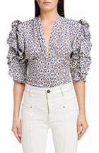 Women's Isabel Marant Print Ruffle Sleeve Stretch Silk Top Us / 36 Fr - Blue