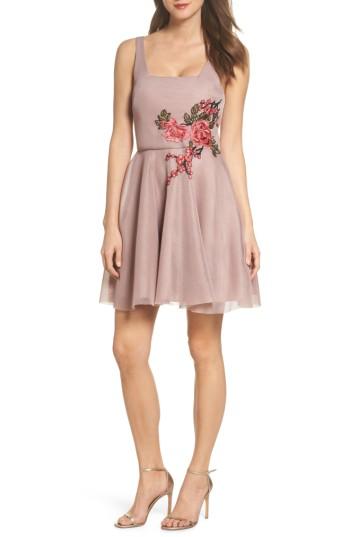 Women's Sequin Hearts Applique Mesh Fit & Flare Dress - Pink
