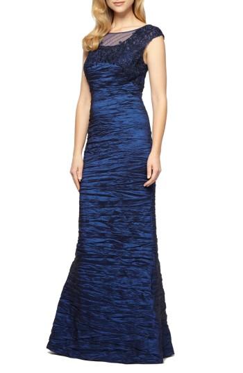 Women's Alex Evenings Embellished Illusion Shirred Gown - Blue