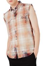 Men's Topman Sleeveless Bleach Plaid Shirt - Red