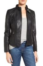 Petite Women's Bernardo Zip Front Leather Biker Jacket P - Black