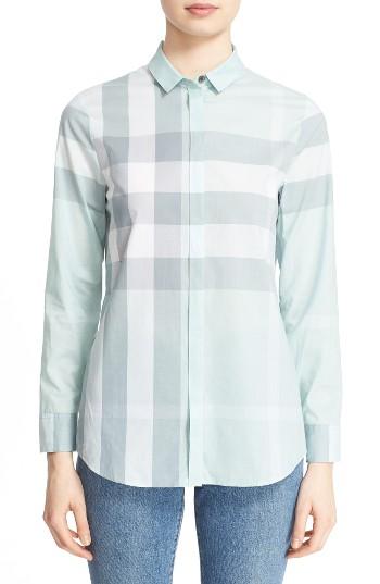 Women's Burberry Check Print Cotton Shirt - Blue/green