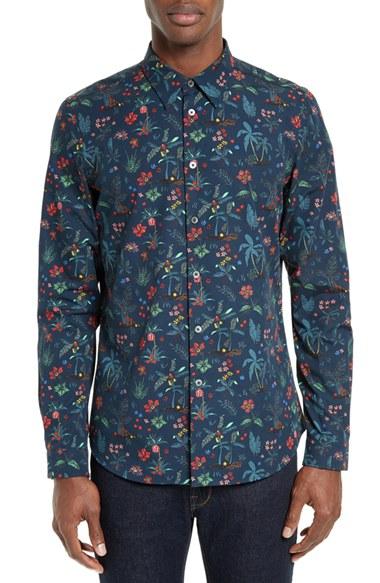 Men's Ps Paul Smith Floral Print Sport Shirt - Blue