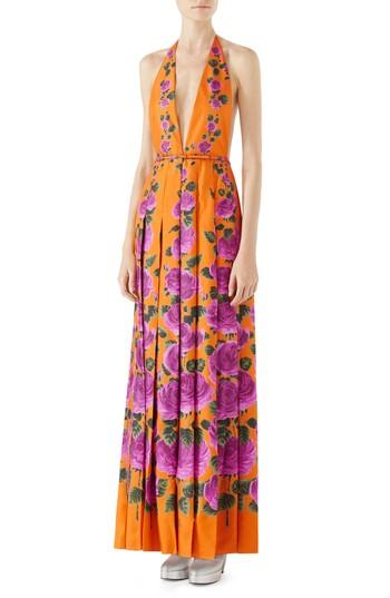 Women's Gucci Rose Print Silk Halter Maxi Dress Us / 38 It - Orange