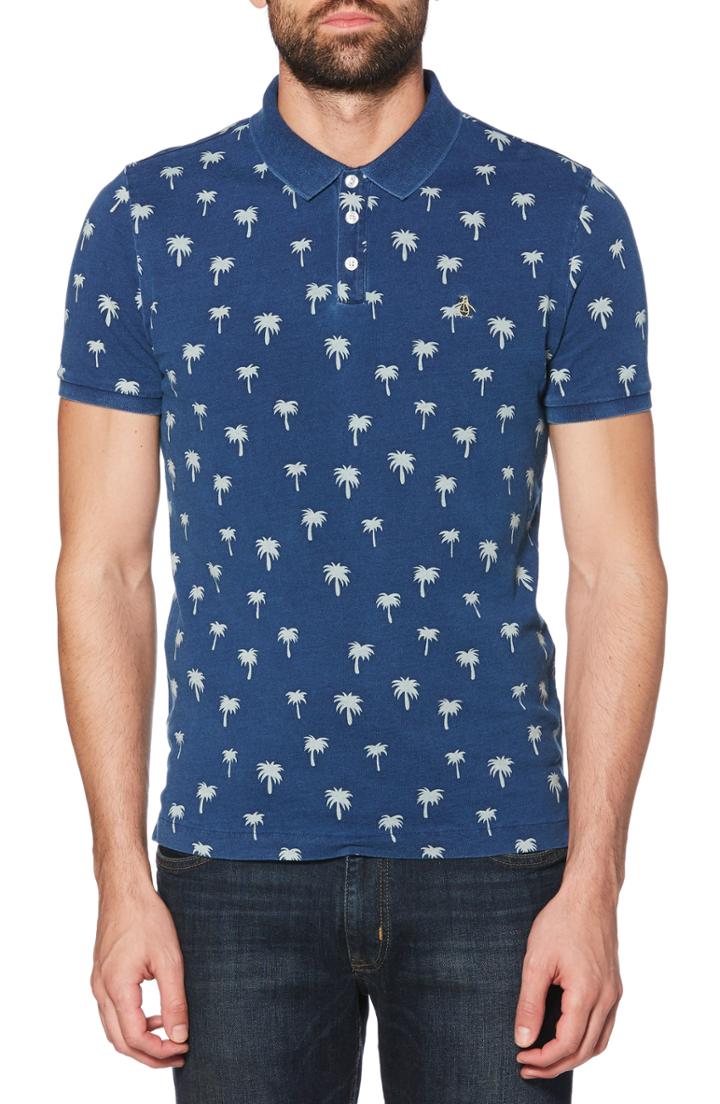 Men's Original Penguin Palm Tree Print Indigo Polo - Blue