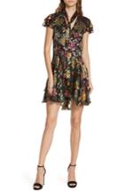 Women's Alice + Olivia Moore Floral Tie Neck Silk Blend Mini Dress - Black