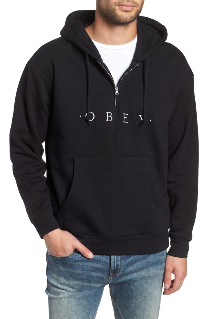 Men's Obey Reason Anorak Half Zip Embroidered Hoodie - Black