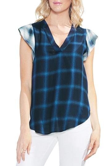 Women's Vince Camuto Flutter Sleeve Tartan Plaid Top, Size - Blue