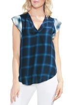 Women's Vince Camuto Flutter Sleeve Tartan Plaid Top, Size - Blue