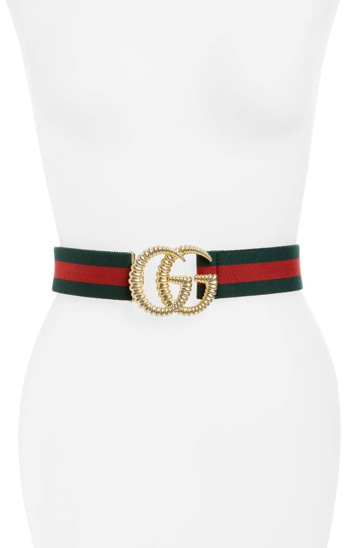 Women's Gucci Logo Buckle Stripe Webbed Belt 0 - Verde