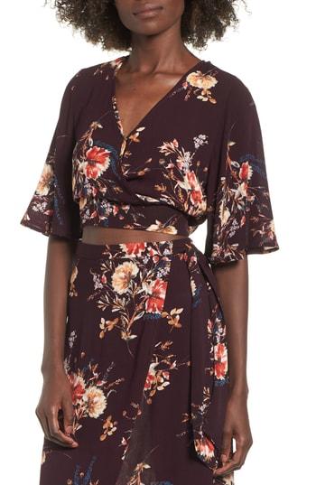 Women's Band Of Gypsies Shadow Floral Tie Back Crop Top - Burgundy