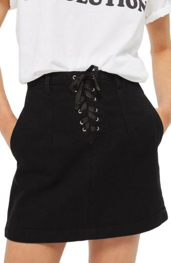 Women's Topshop Lace-up A-line Denim Miniskirt Us (fits Like 0-2) - Black