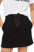 Women's Topshop Lace-up A-line Denim Miniskirt Us (fits Like 0-2) - Black