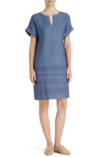 Women's Lafayette 148 New York Fabian Embroidered Linen Dress, Size - Blue